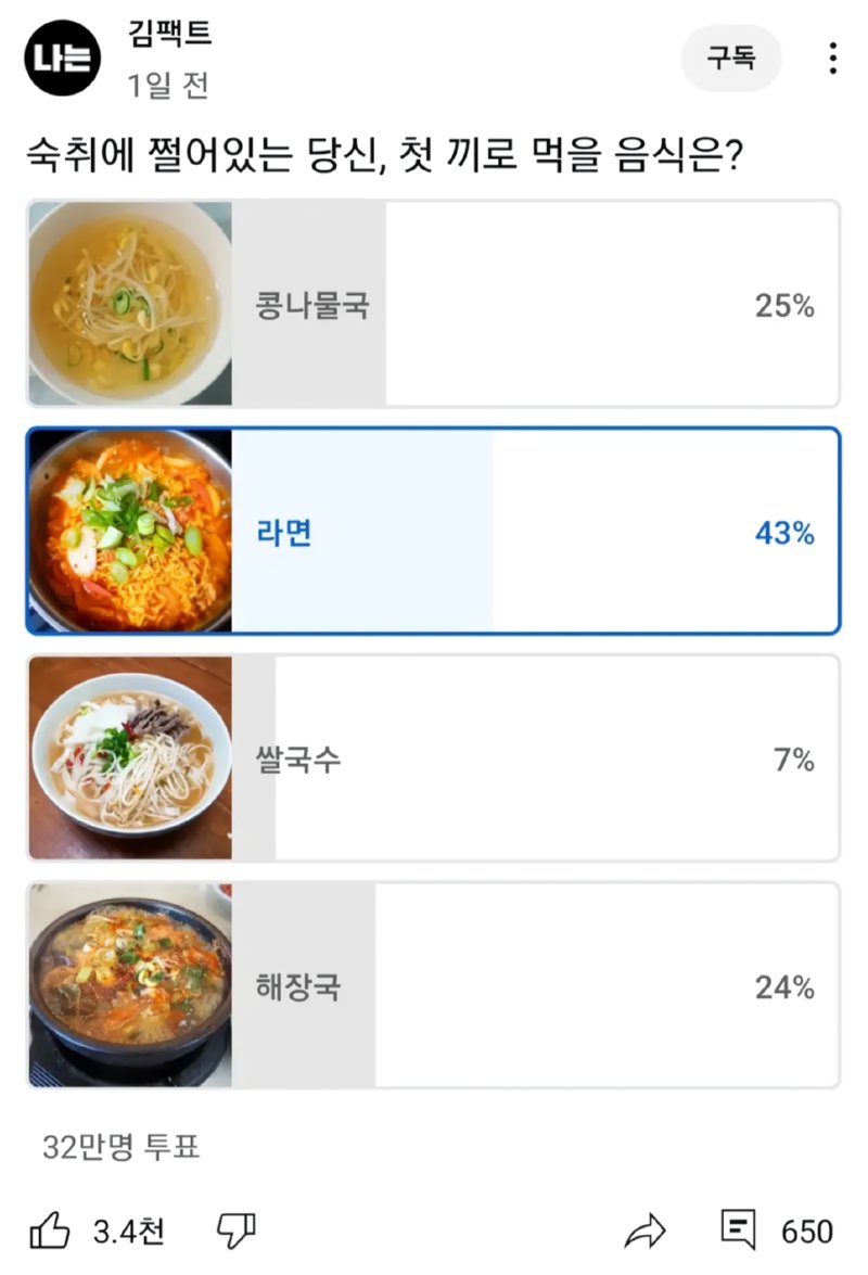 숙취 쩔어있을때 첫 끼. 당신의 선택은?