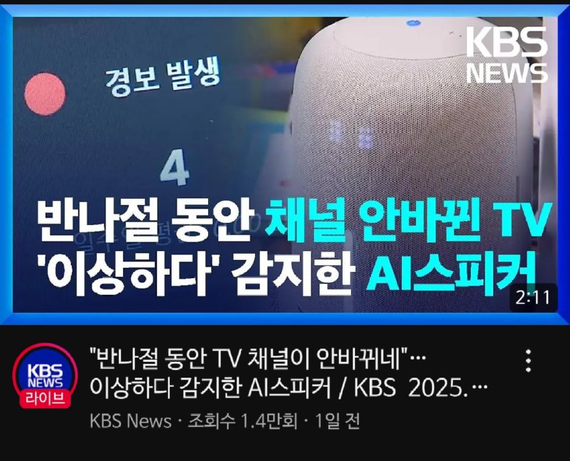 반나절 동안 TV 채널 안 바뀌는 것 감지 후 신고한 AI 스피커 ㄷㄷ;