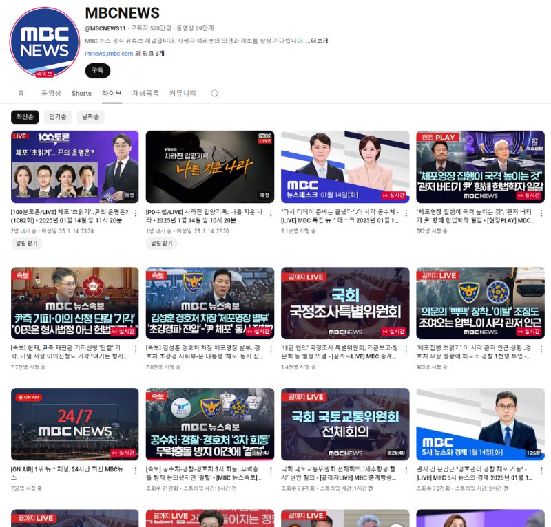 주요 언론사 유투브 라이브 현황